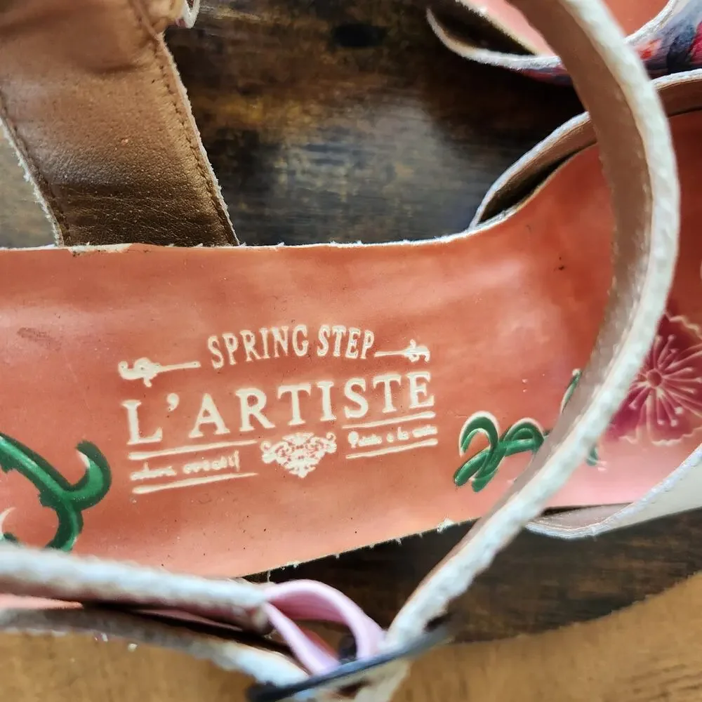 L'Artiste Spring Step Mauri Floral Sandals 37 Warm Orange Leather Hand Painted - Picture 9 of 16